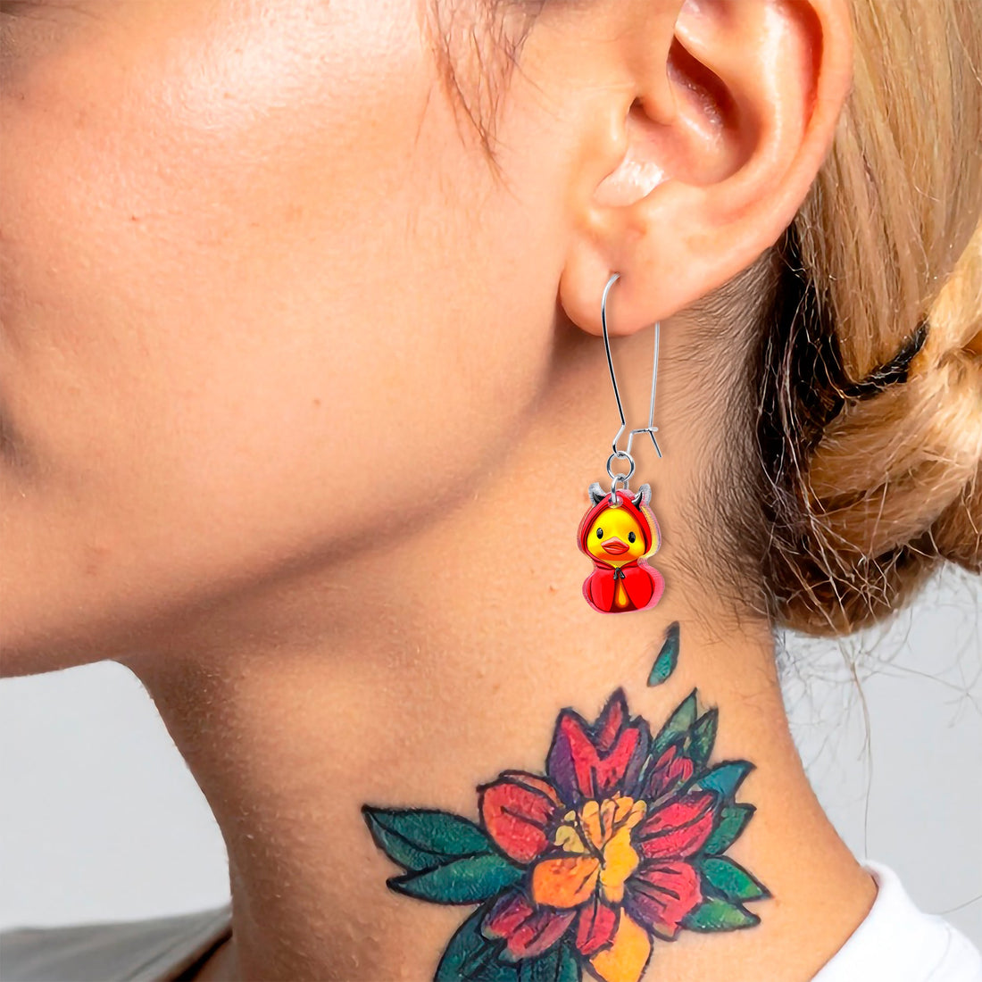 Devil Duck Dangle Earrings with Red Costume Acrylic Charms - Image 2