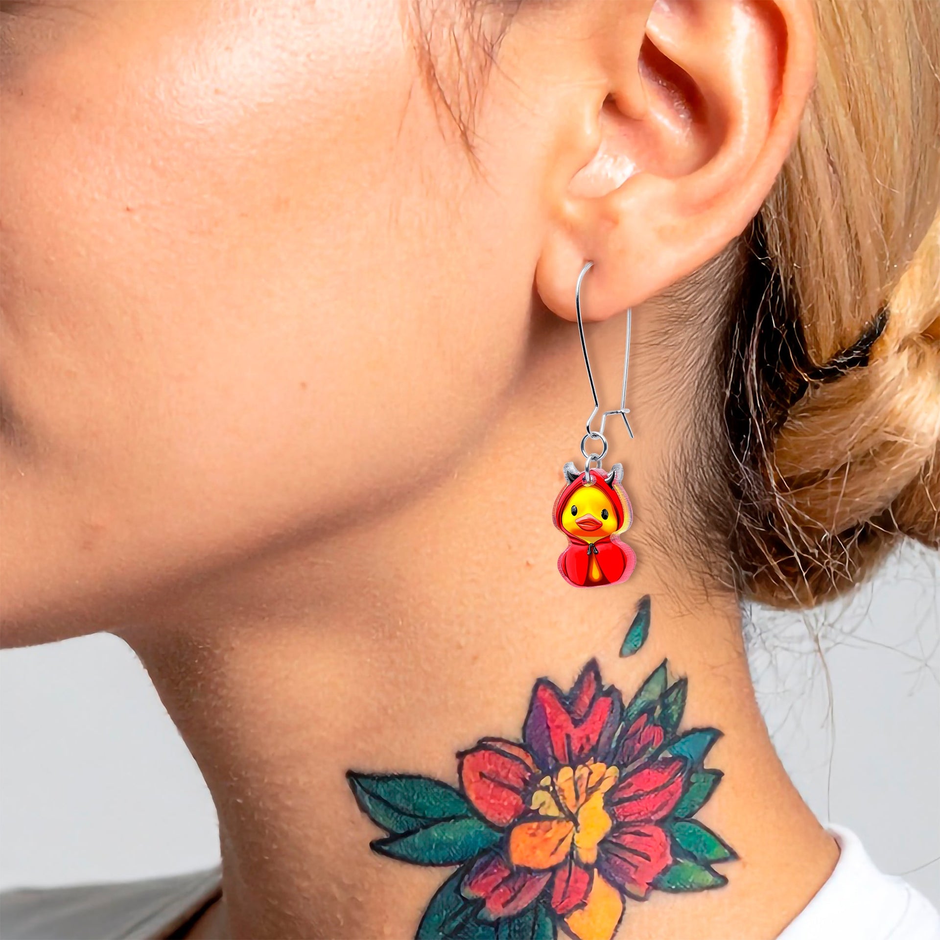 Devil Duck Dangle Earrings with Red Costume Acrylic Charms - Image 2