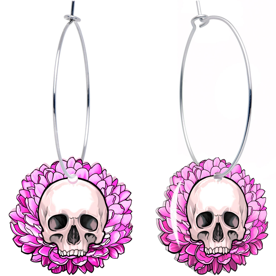A pair of dangle hoop earrings featuring a skull centered within a pink flower design