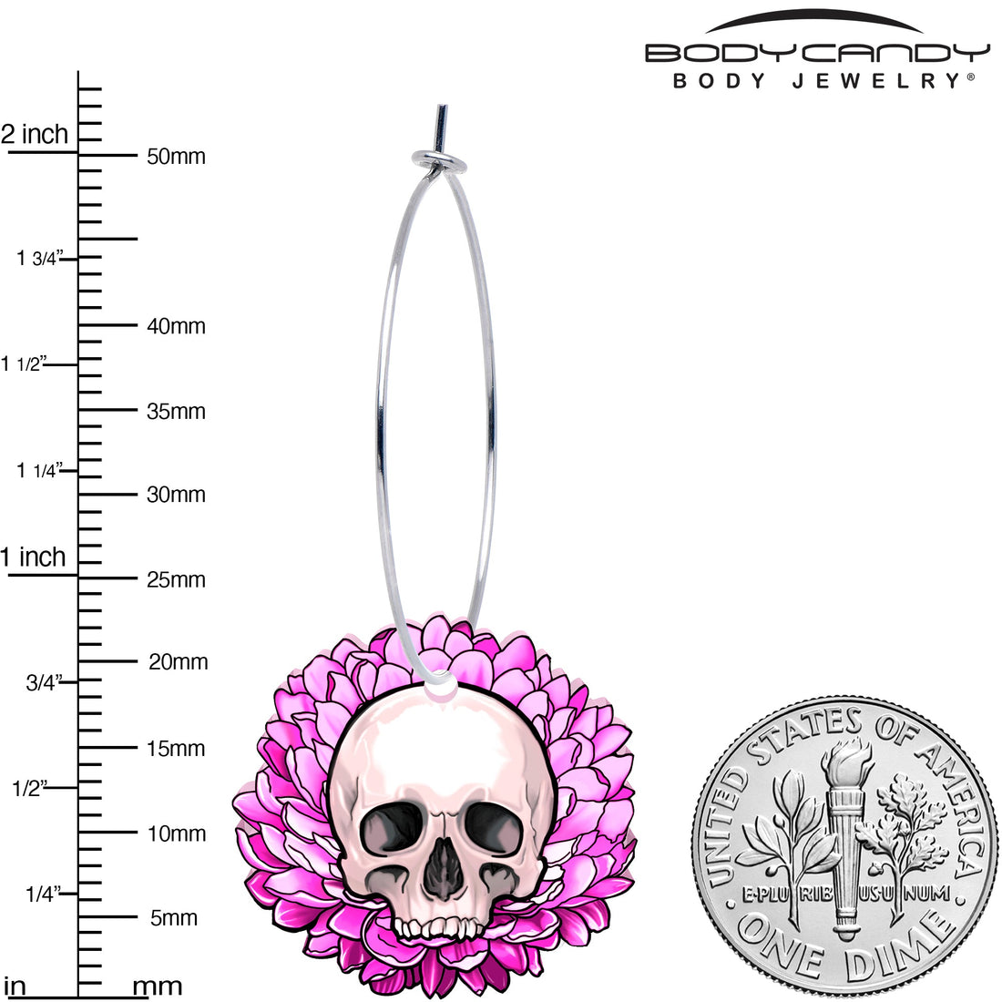 Blooming Pink Flower Skull Hoop Earrings - Image 3