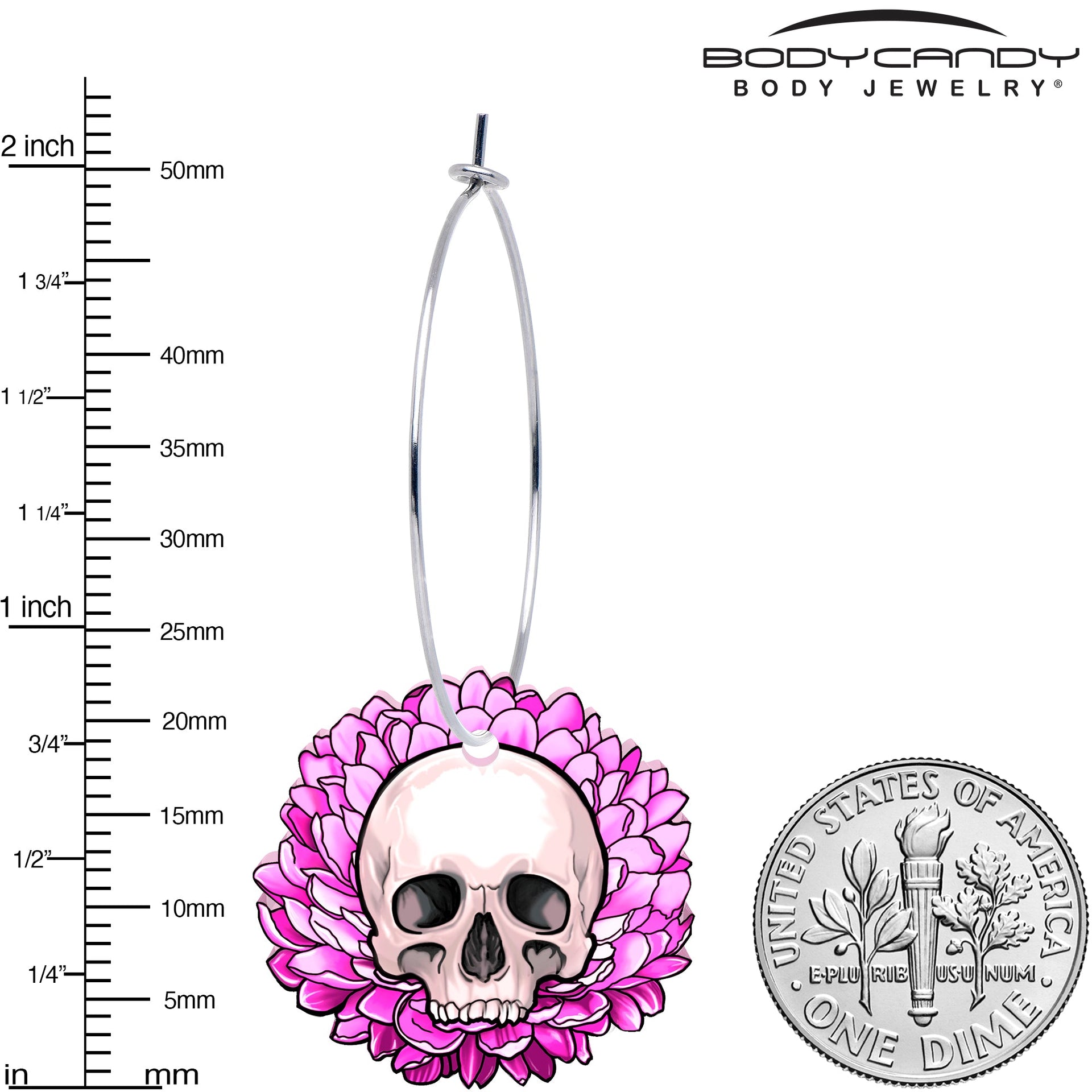 Blooming Pink Flower Skull Hoop Earrings - Image 3