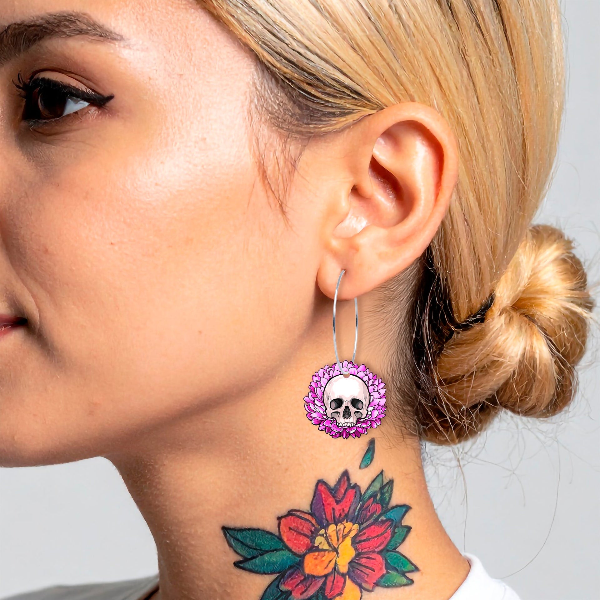 Blooming Pink Flower Skull Hoop Earrings - Image 2