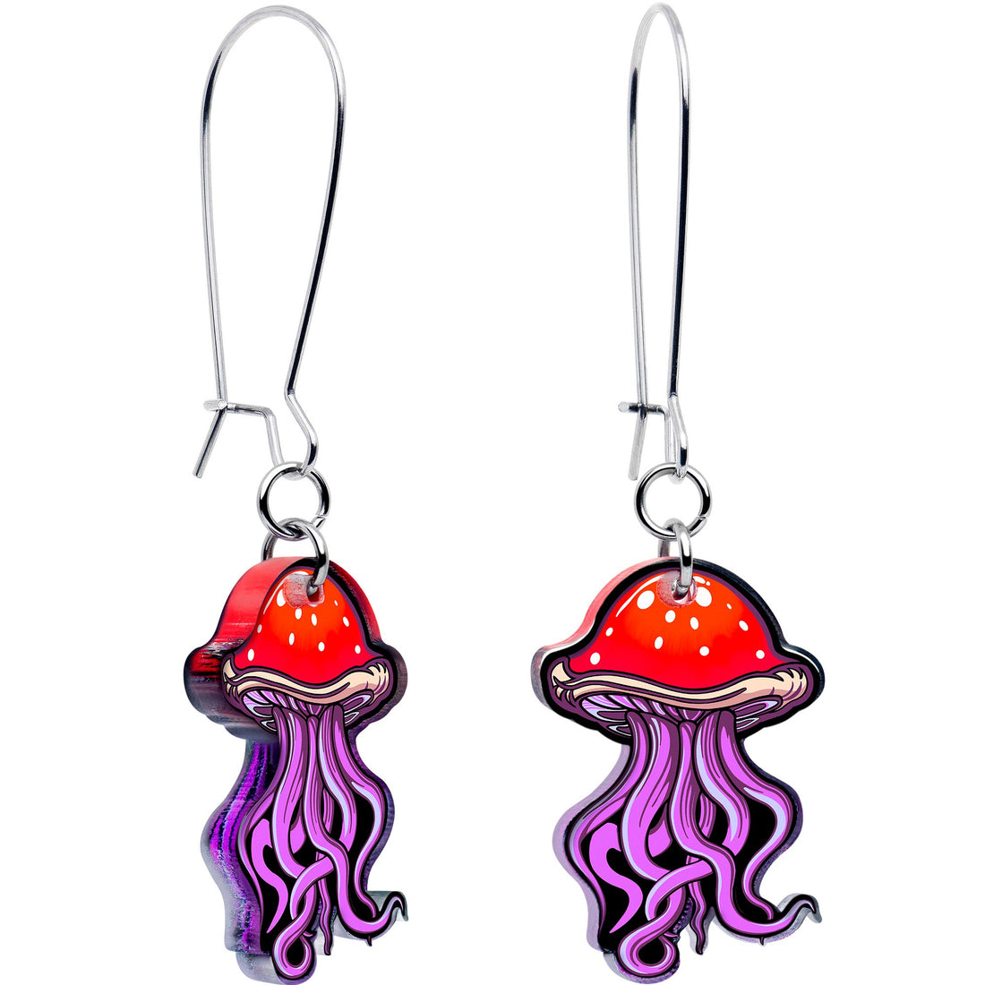 A pair of dangle earrings featuring a red and white mushroom cap top with purple jellyfish tentacles, hanging from silver-tone kidney wires.