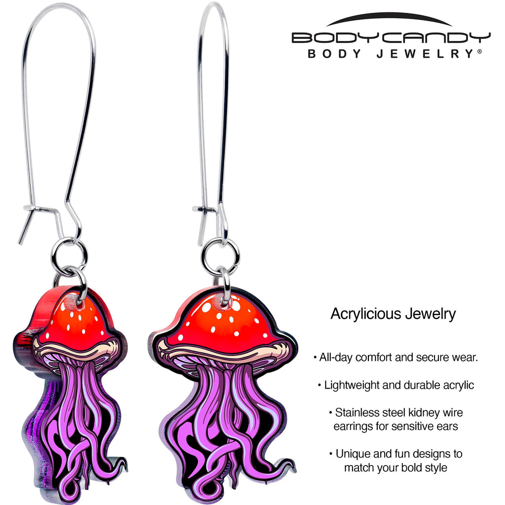 Red Mushroom Jellyfish Acrylic Dangle Earrings Silver Tone - Image 2