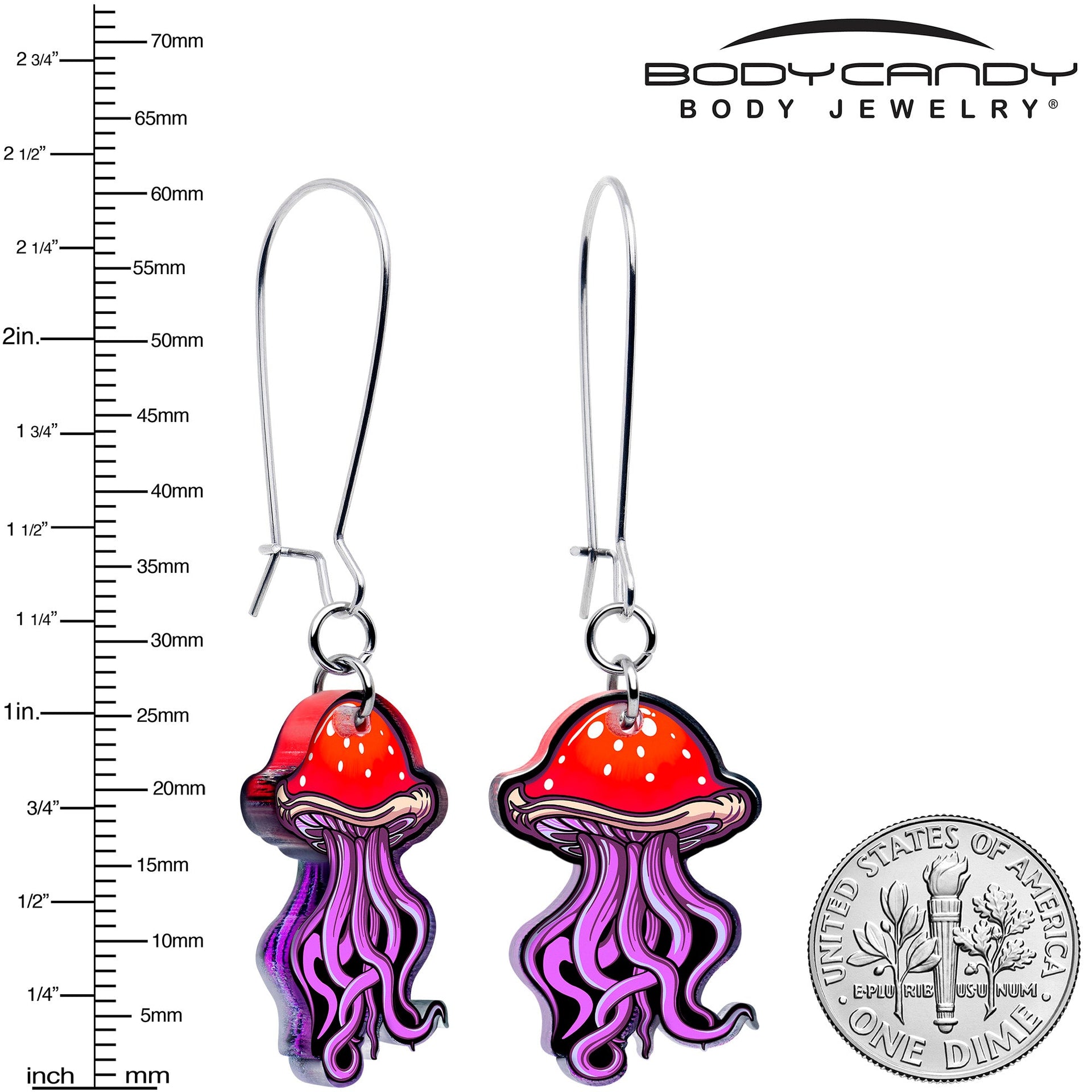 Red Mushroom Jellyfish Acrylic Dangle Earrings Silver Tone - Image 3