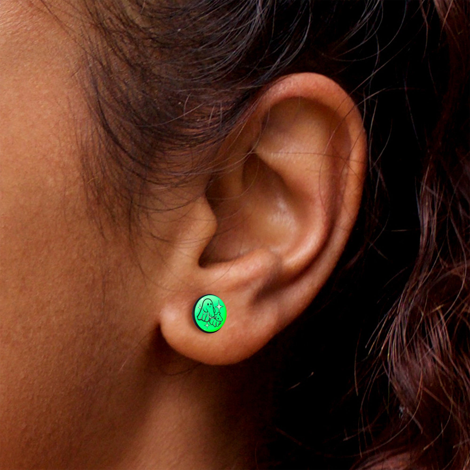 Black Anodized Halloween Ghost Dog Walker Glow in the Dark Stud Earrings by Onyx O