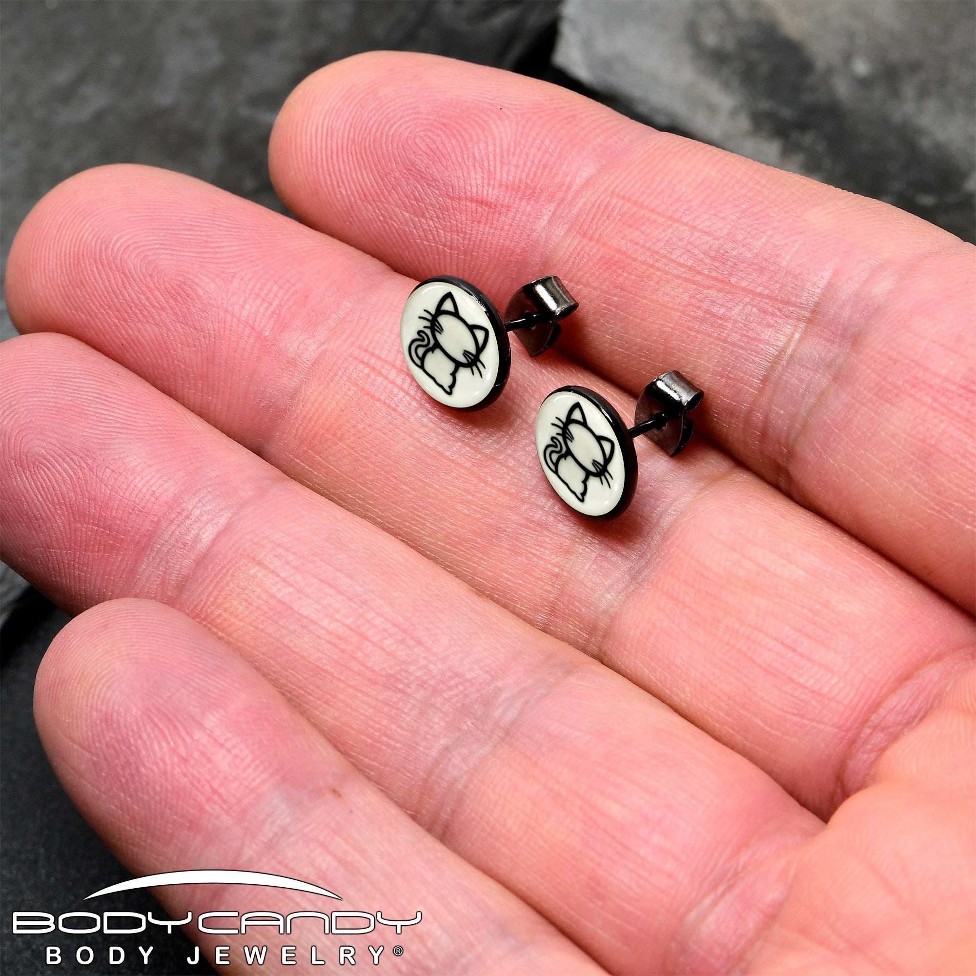 Black Anodized Kitty Cat Glow in the Dark Stud Earrings by Onyx O