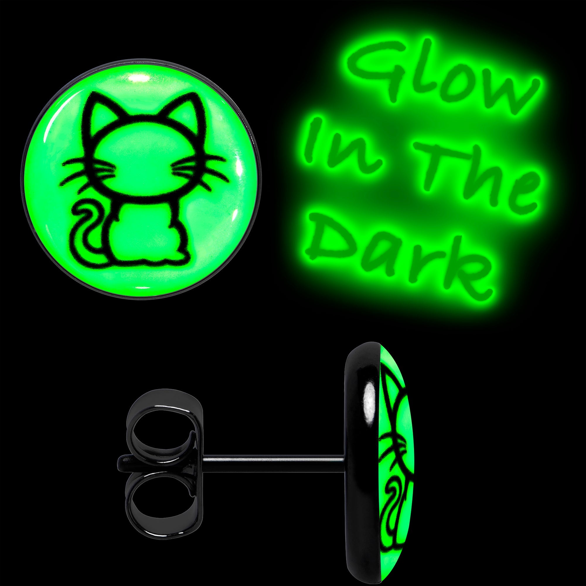 Black Anodized Kitty Cat Glow in the Dark Stud Earrings by Onyx O