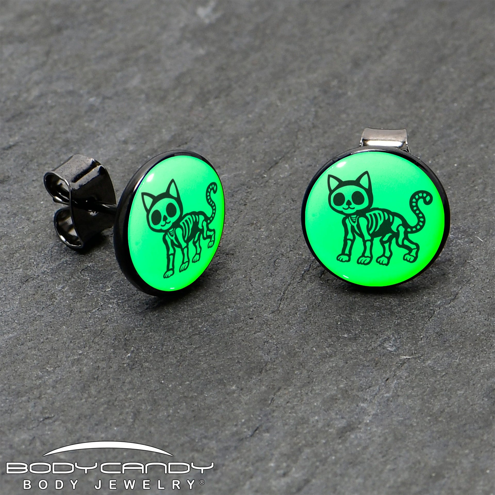 Black Anodized Skeleton Kitty Cat Glow in the Dark Stud Earrings by Onyx O