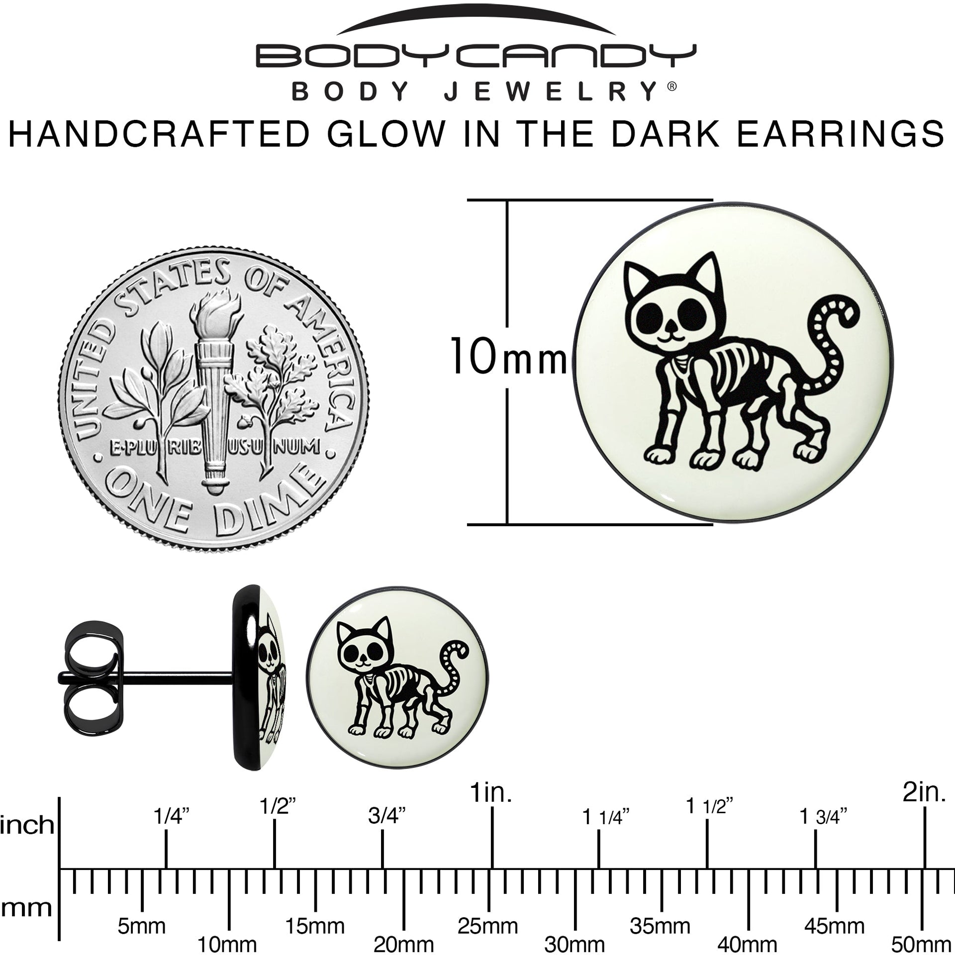 Black Anodized Skeleton Kitty Cat Glow in the Dark Stud Earrings by Onyx O