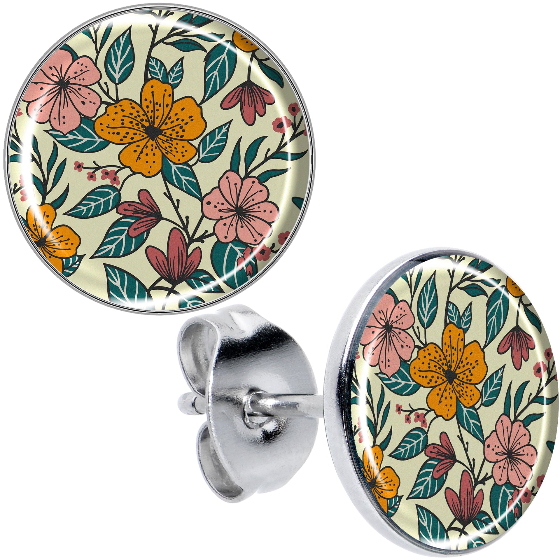 A pair of round stud earrings featuring a hand-drawn wildflower floral pattern in pink, orange, and green on a cream background, with visible stainless steel posts and friction backs.