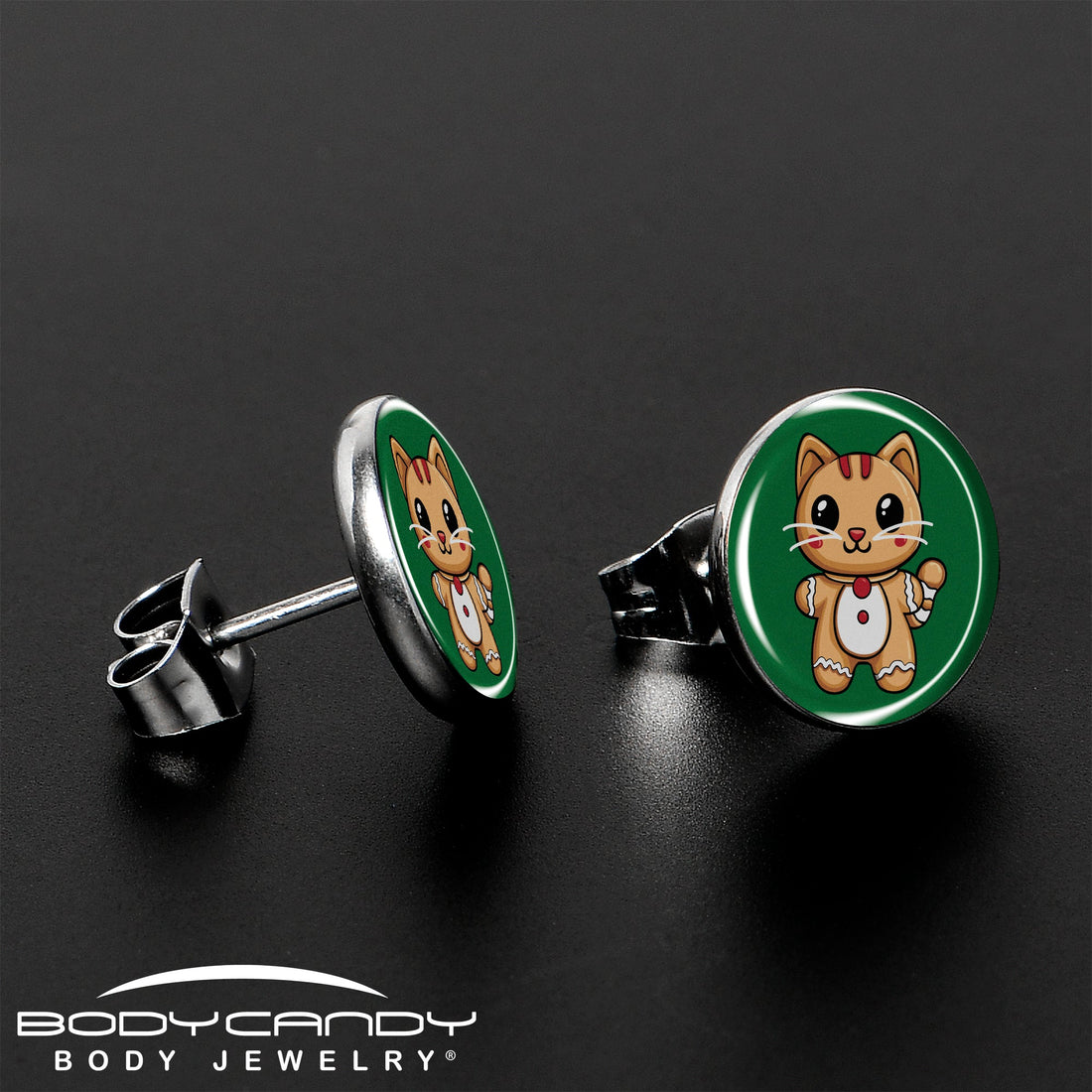 Christmas Holiday Gingerbrread Kitty Cat Stud Earrings by Onyx O