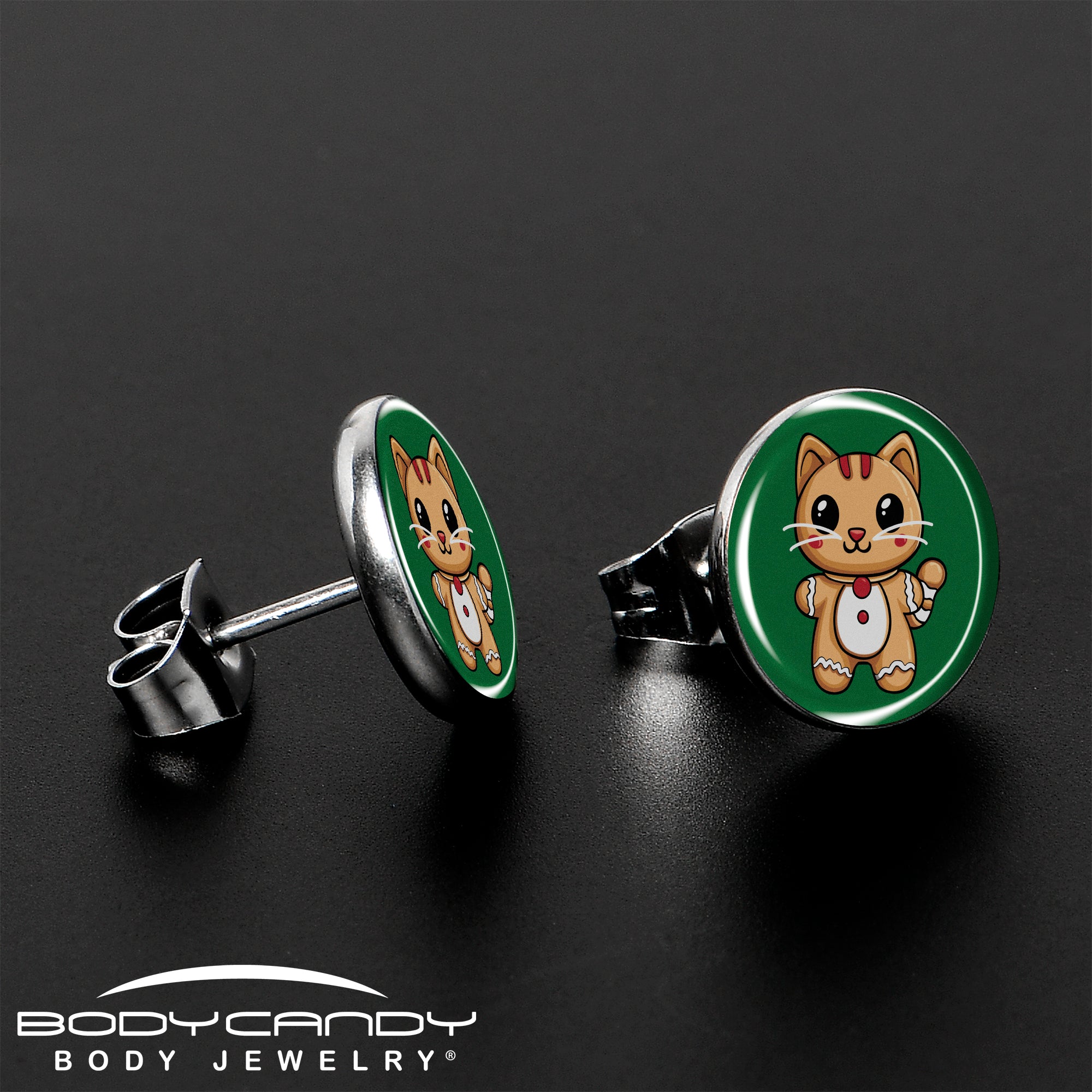 Christmas Holiday Gingerbrread Kitty Cat Stud Earrings by Onyx O