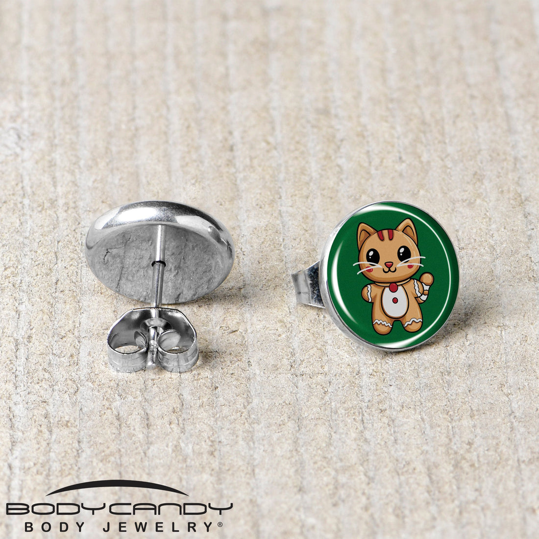 Christmas Holiday Gingerbrread Kitty Cat Stud Earrings by Onyx O