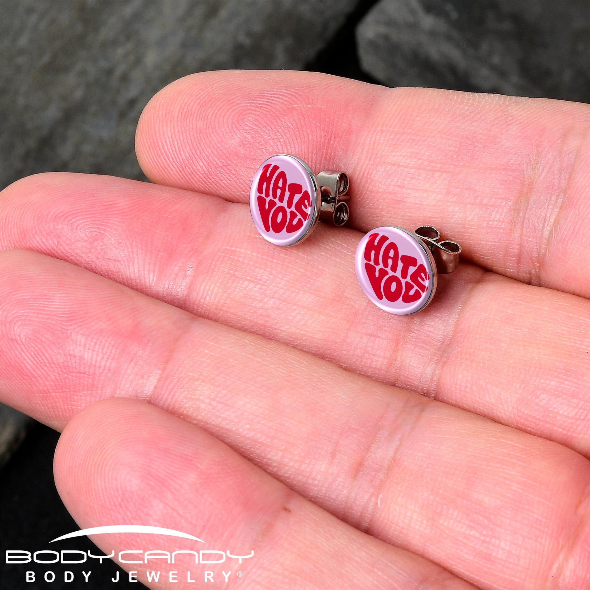 Retro Text Hate You Stud Earrings by Onyx O
