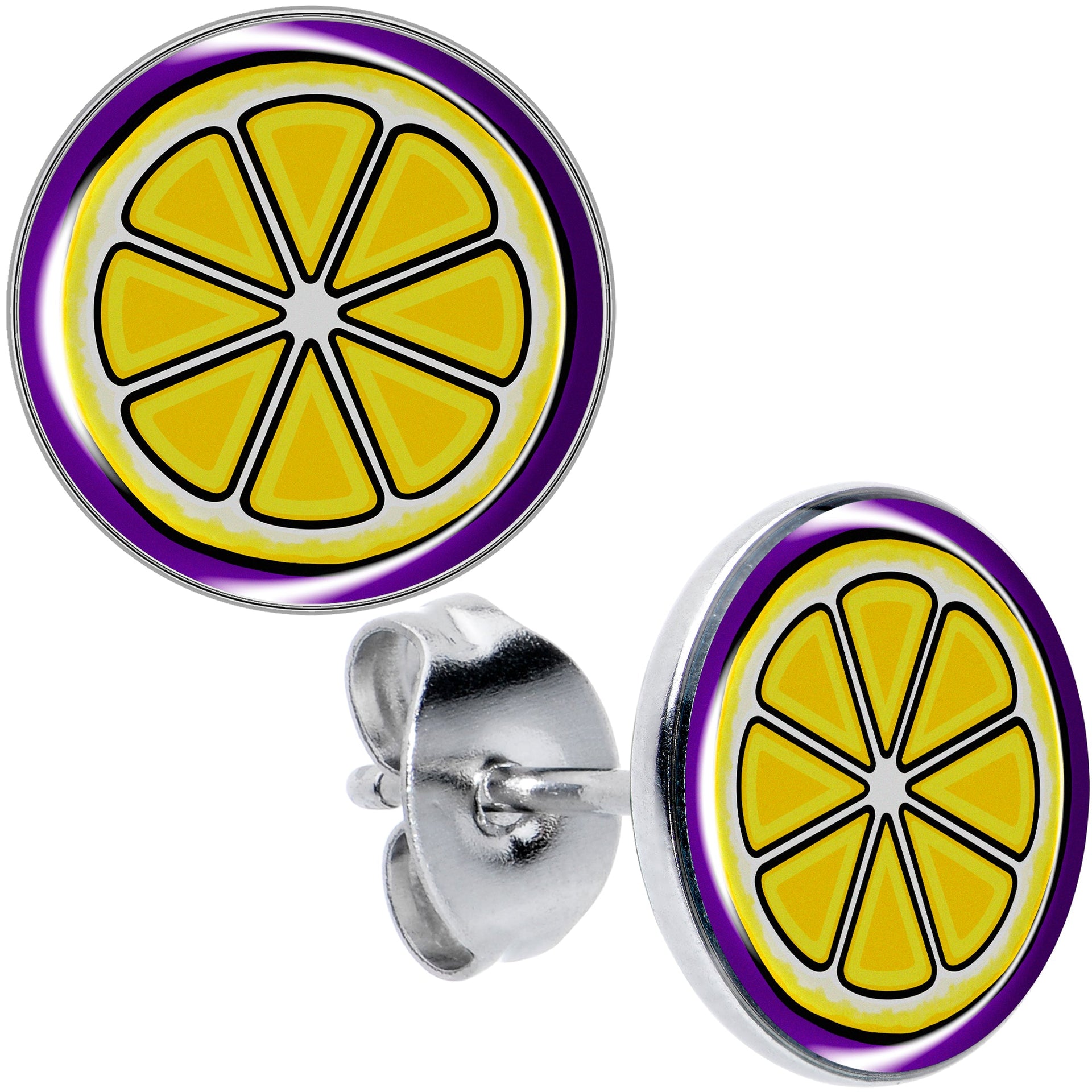 Pair of yellow lemon slice stud earrings with a purple border and stainless steel posts.