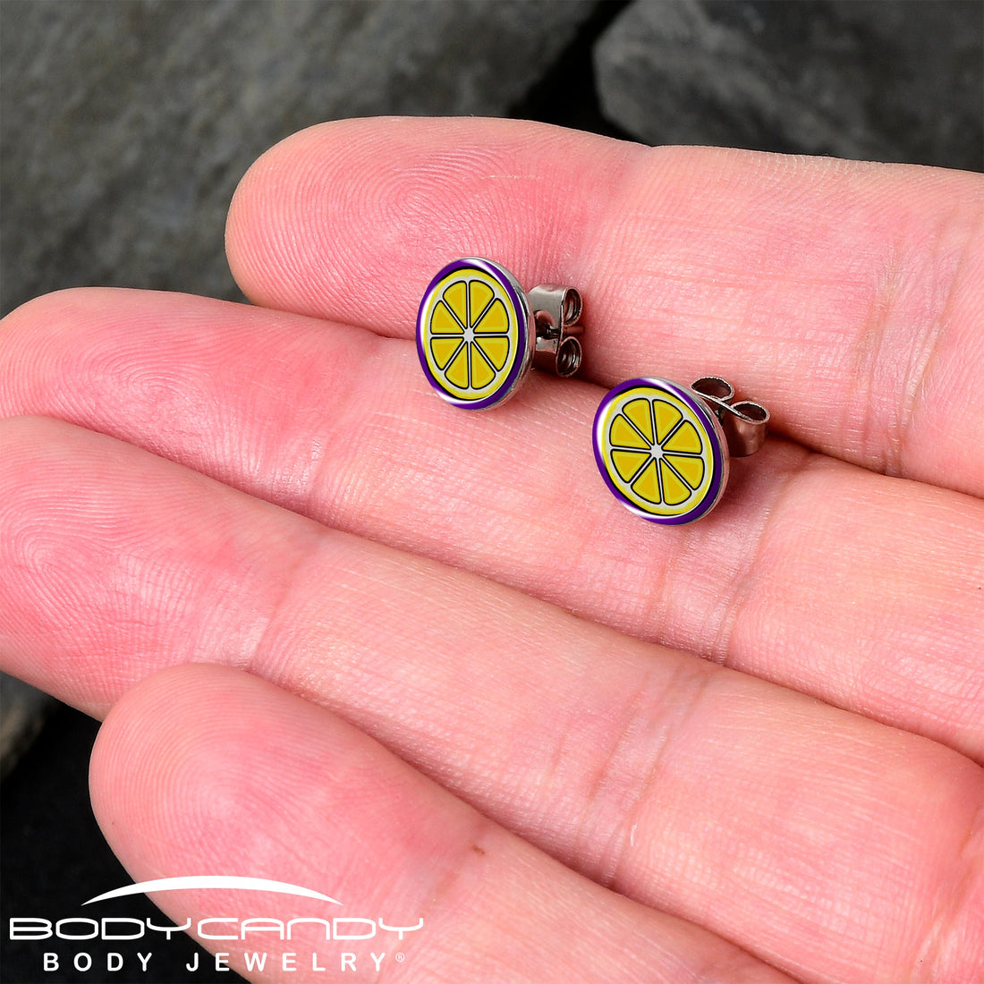 Yellow Lemon Slice Stud Earrings with Purple Border - Image 2