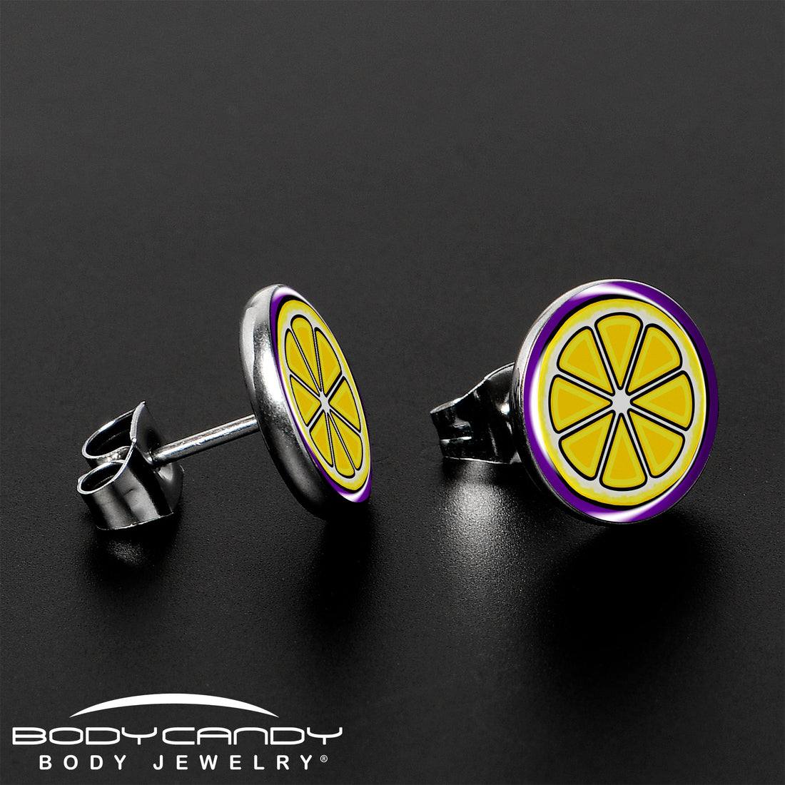 Yellow Lemon Slice Stud Earrings with Purple Border - Image 3