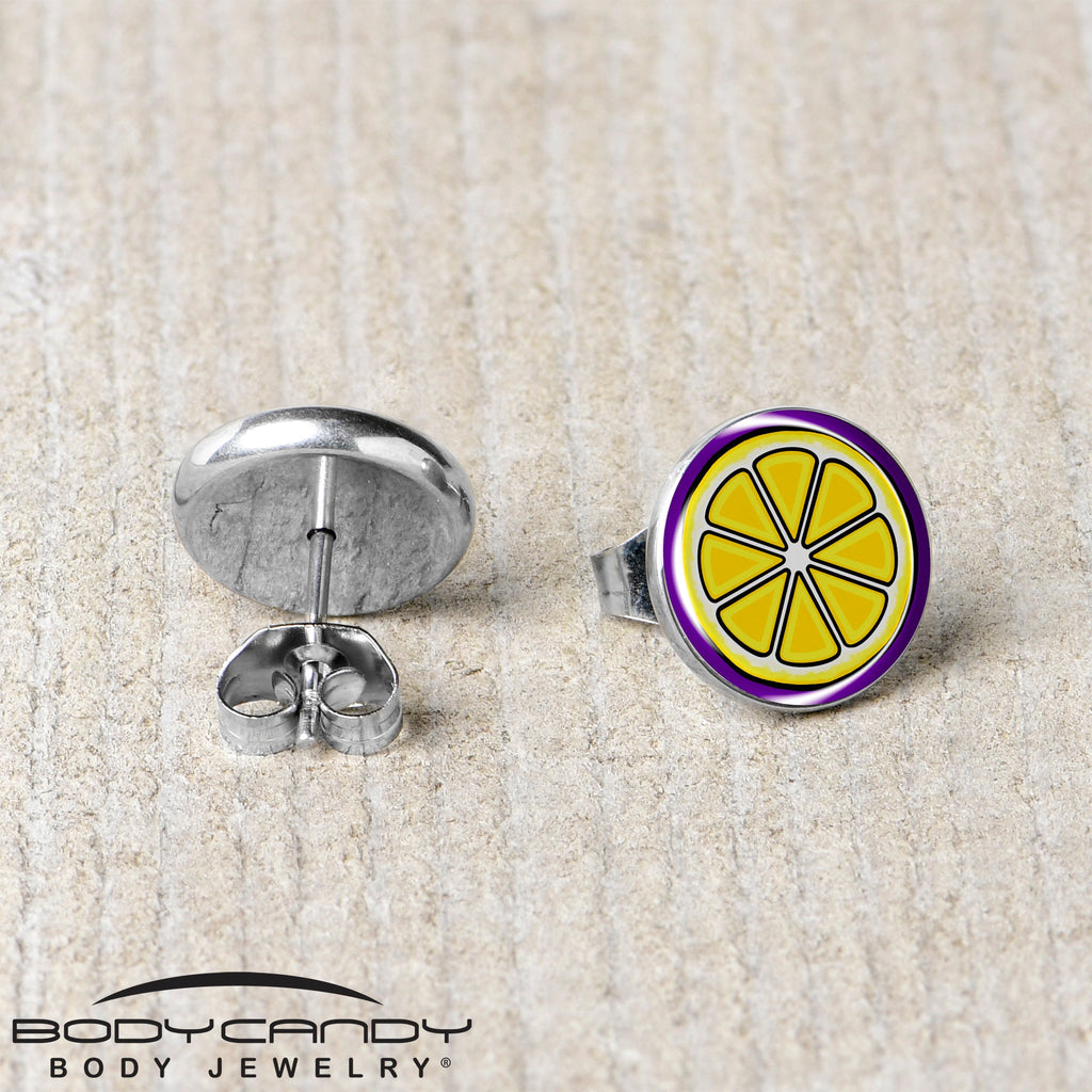 Yellow Lemon Slice Stud Earrings with Purple Border - Image 5