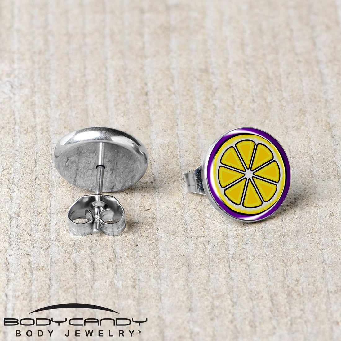 Yellow Lemon Slice Stud Earrings with Purple Border - Image 5