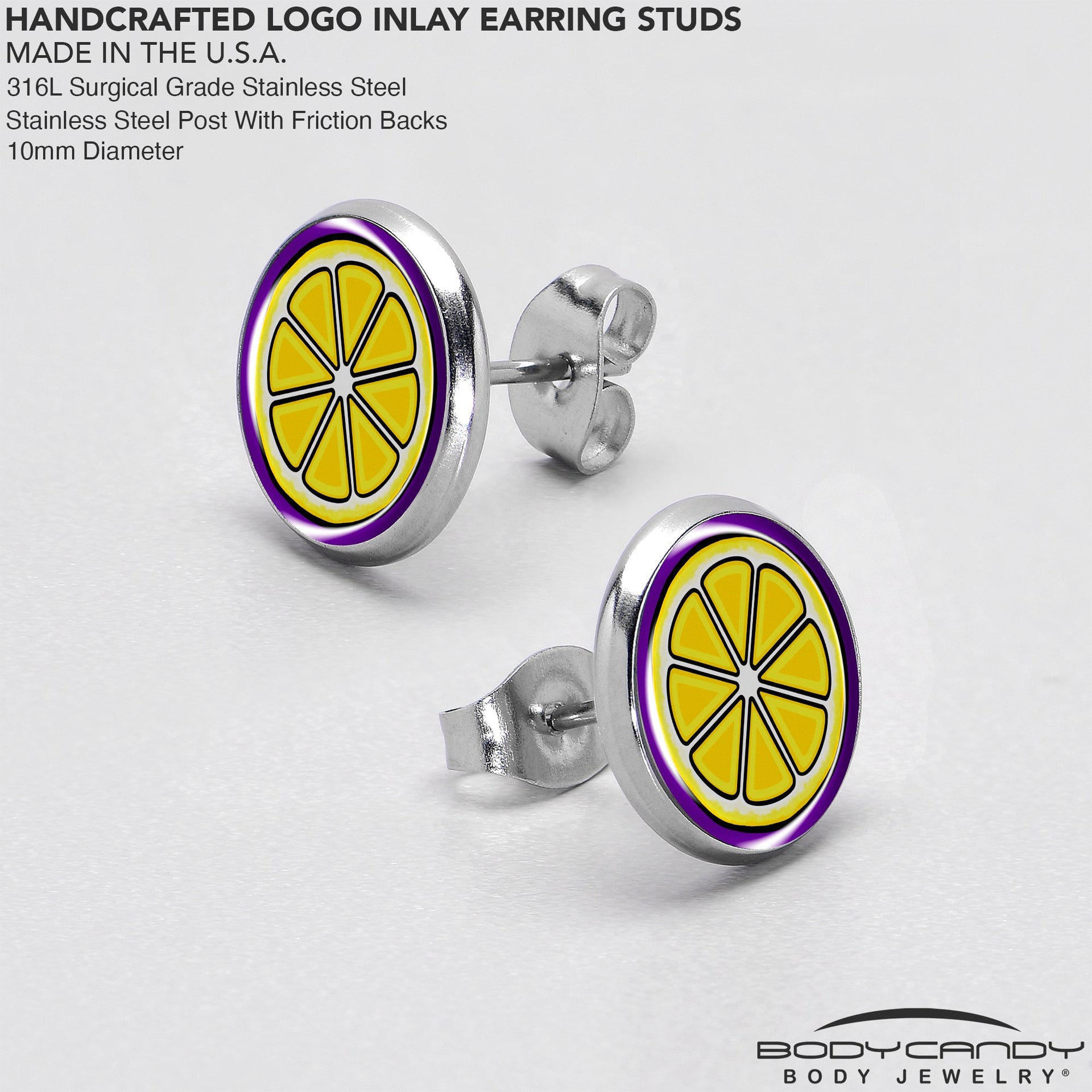 Yellow Lemon Slice Stud Earrings with Purple Border - Image 7
