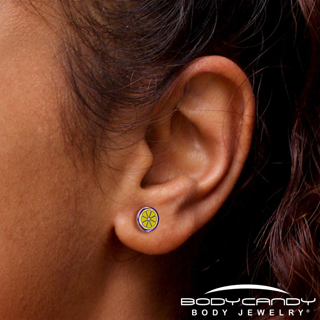 Yellow Lemon Slice Stud Earrings with Purple Border - Image 8