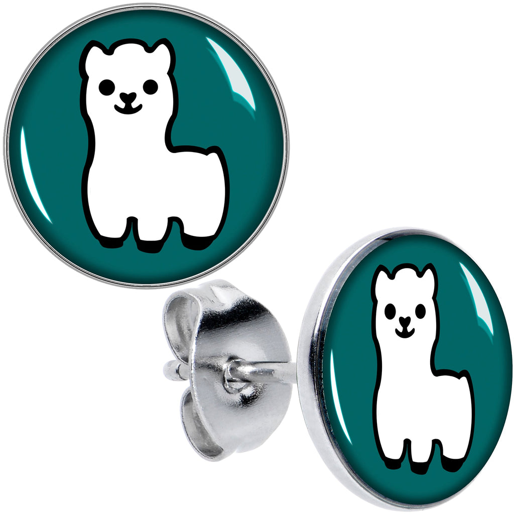 A pair of white llama stud earrings featuring a white llama illustration on a dark green round background with silver-tone metal posts.