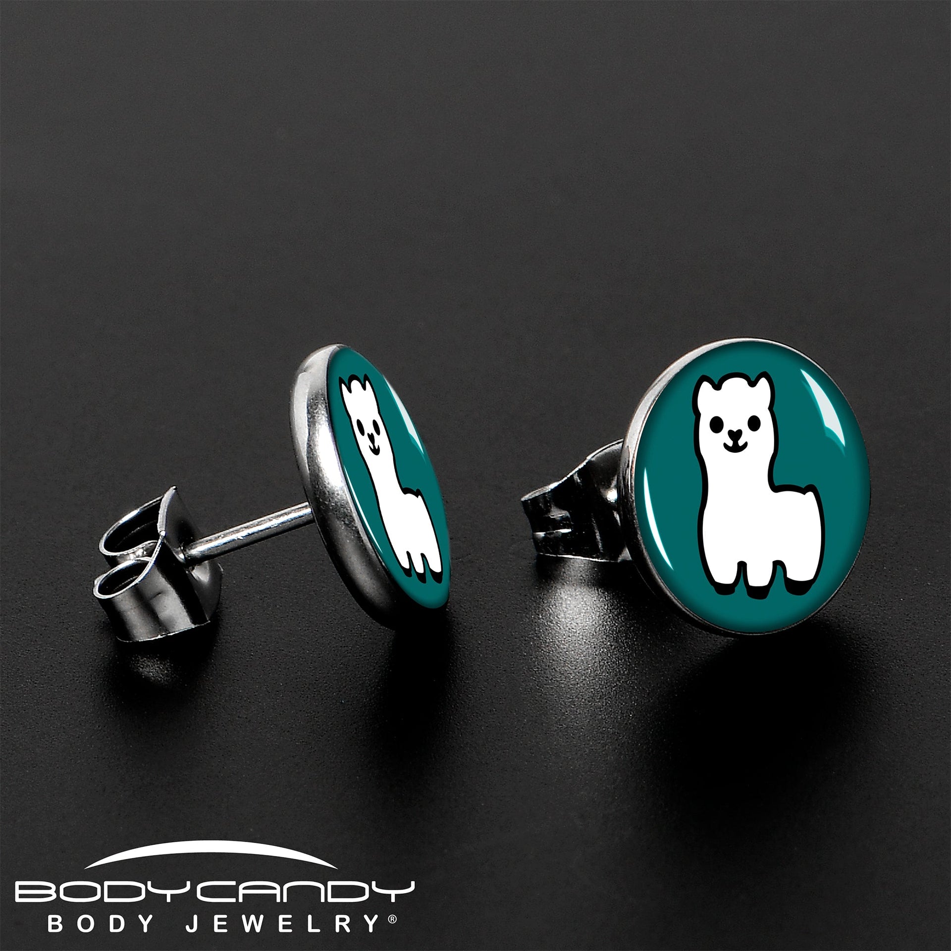 White Llama Stud Earrings with Deep Green Background - Image 3