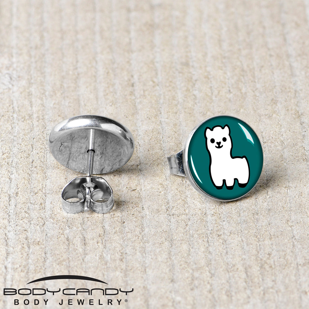 White Llama Stud Earrings with Deep Green Background - Image 5