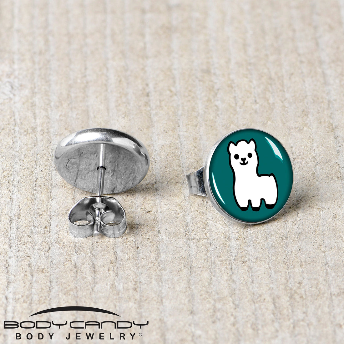 White Llama Stud Earrings with Deep Green Background - Image 5