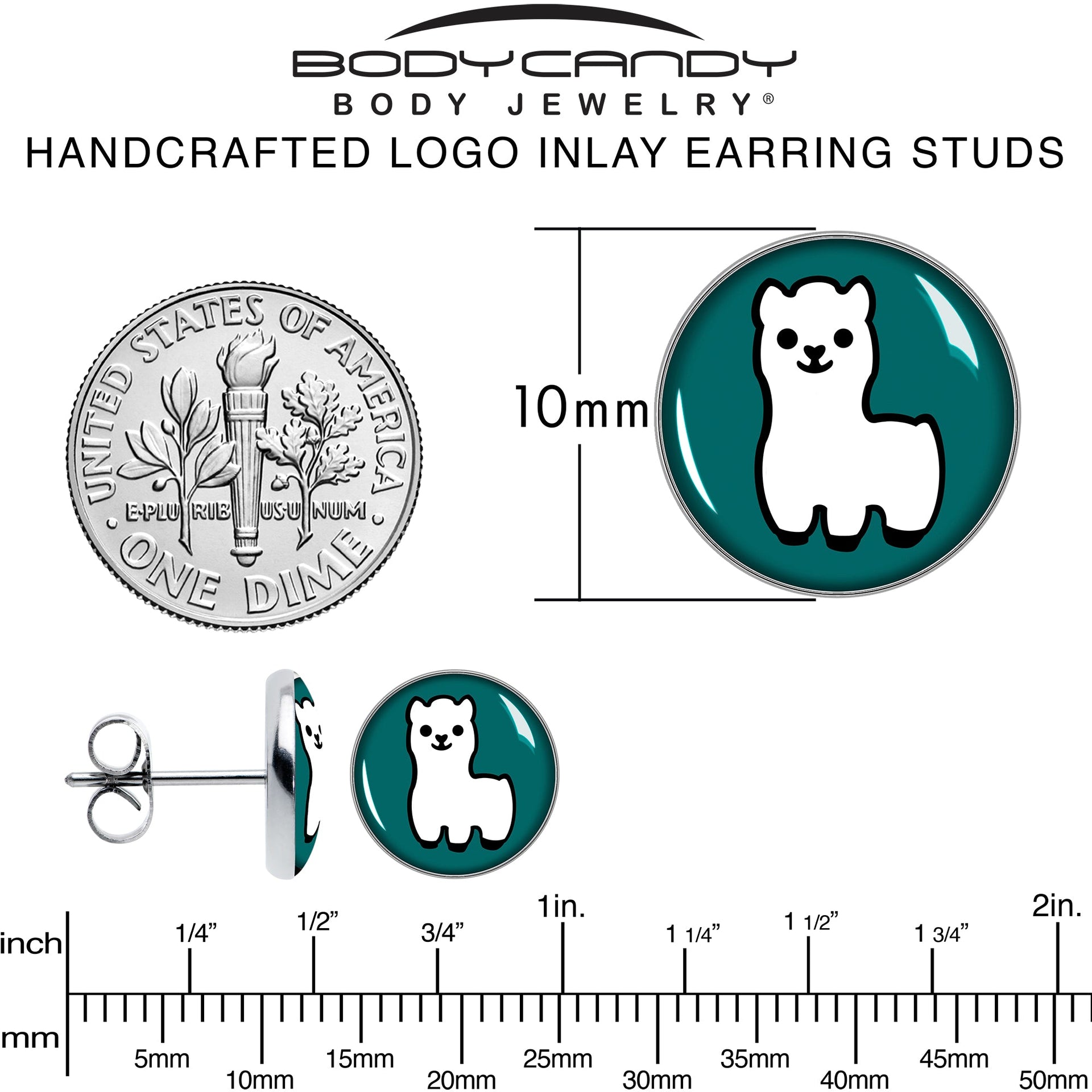 White Llama Stud Earrings with Deep Green Background - Image 6