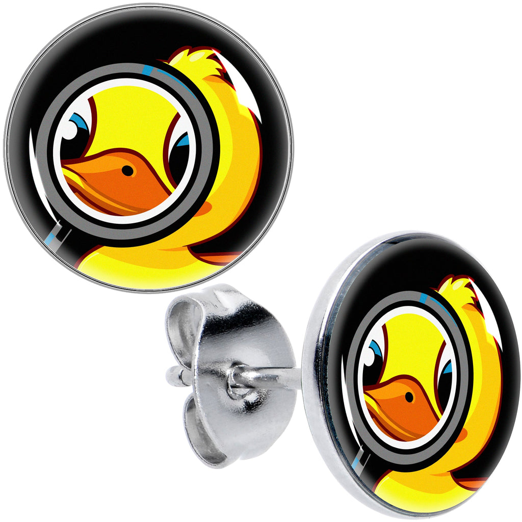 A pair of stud earrings featuring a yellow cartoon duck looking through a magnifying glass on a black background, made with silver-tone stainless steel posts.