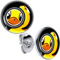 A pair of stud earrings featuring a yellow cartoon duck looking through a magnifying glass on a black background, made with silver-tone stainless steel posts.