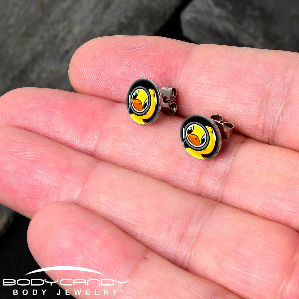 Yellow Duck Magnifying Glass Stud Earrings in Stainless Steel - Image 2