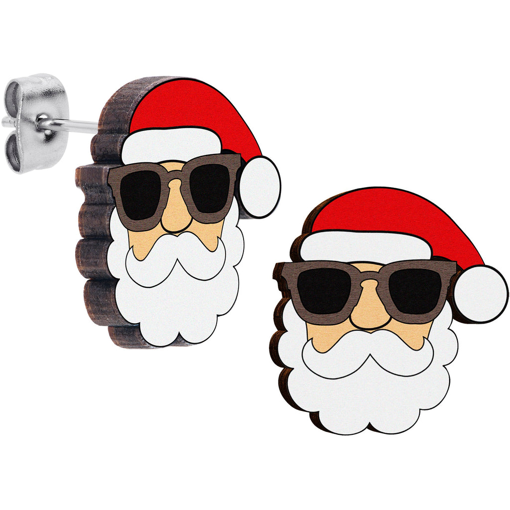 Wooden Santa Claus stud earrings featuring sunglasses on a person's earlobe