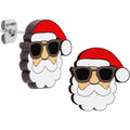 Wooden Santa Claus stud earrings featuring sunglasses on a person's earlobe
