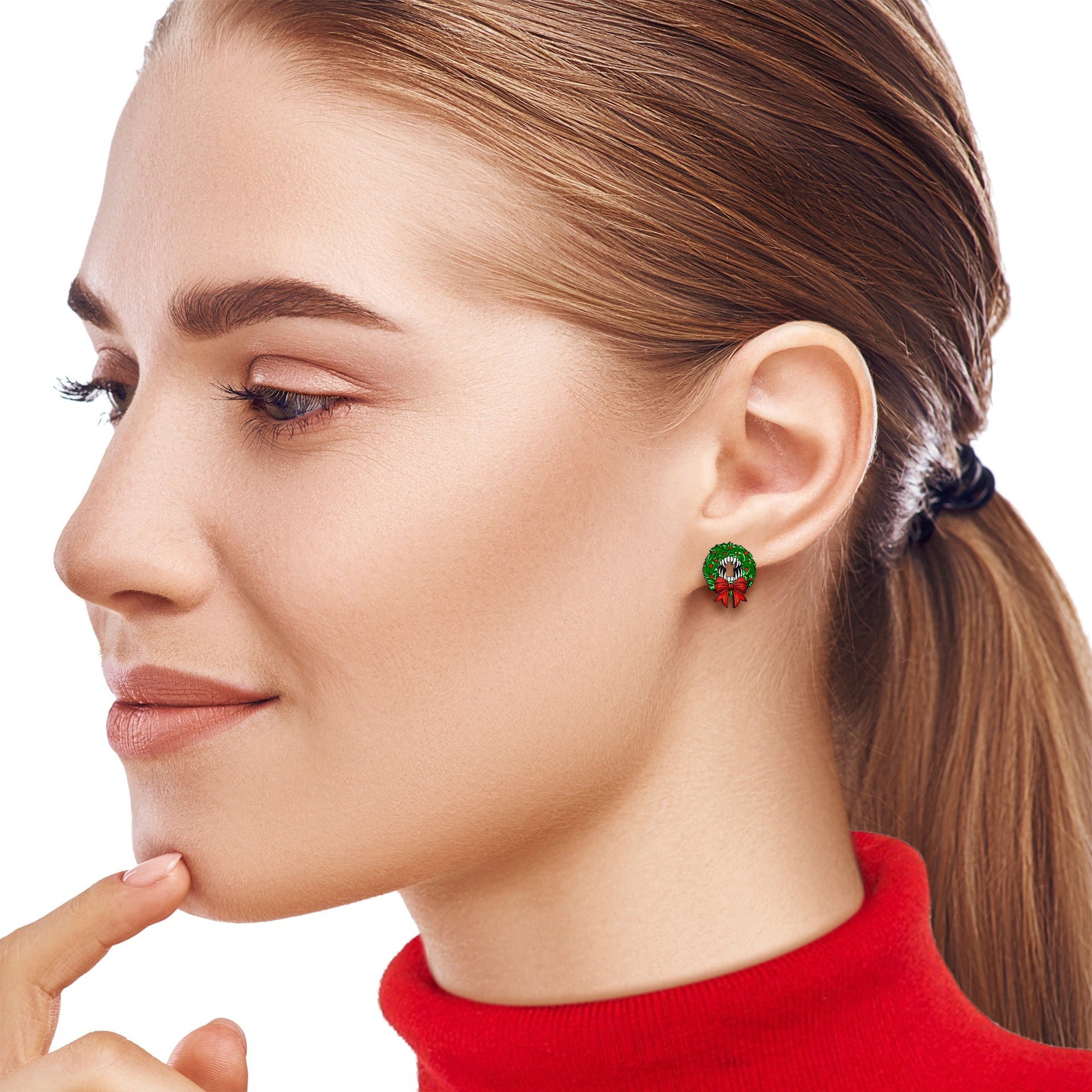 Wooden Vampire Wreath Christmas Stud Earrings - Image 2