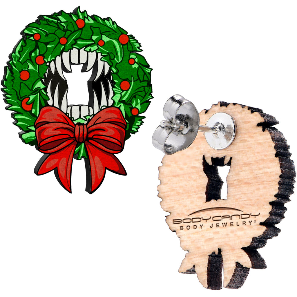 Wooden Vampire Wreath Christmas Stud Earrings - Image 3
