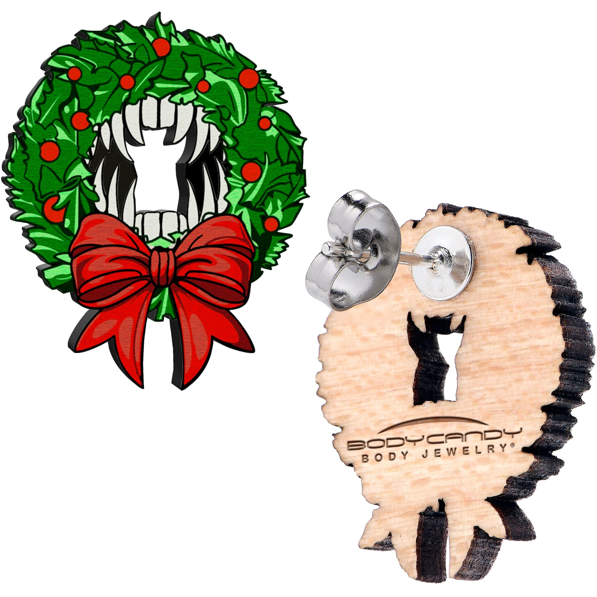 Wooden Vampire Wreath Christmas Stud Earrings - Image 3