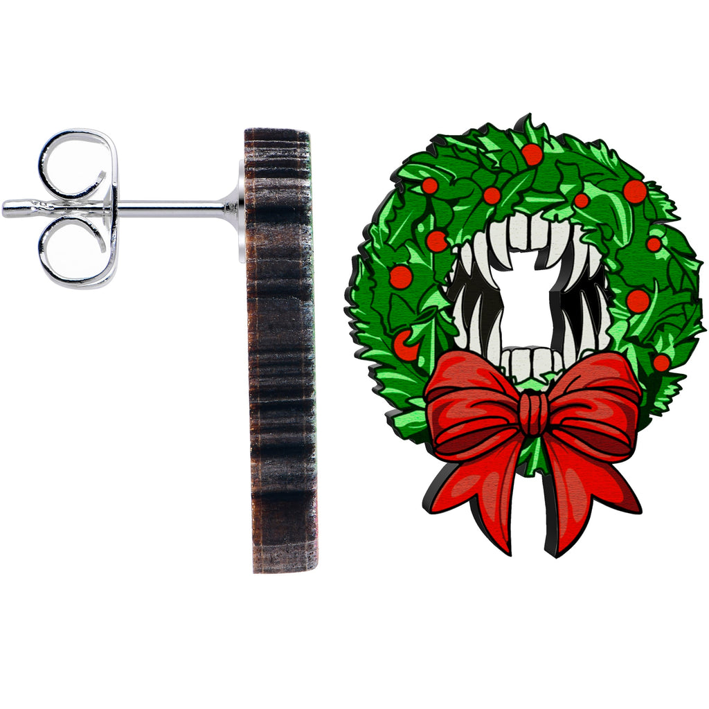 Wooden Vampire Wreath Christmas Stud Earrings - Image 4