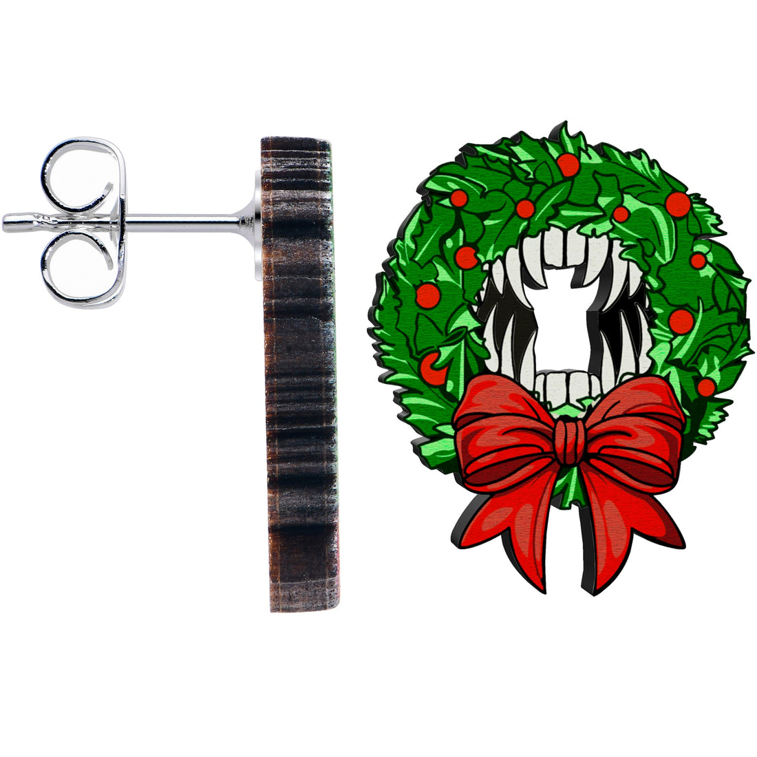 Wooden Vampire Wreath Christmas Stud Earrings - Image 4