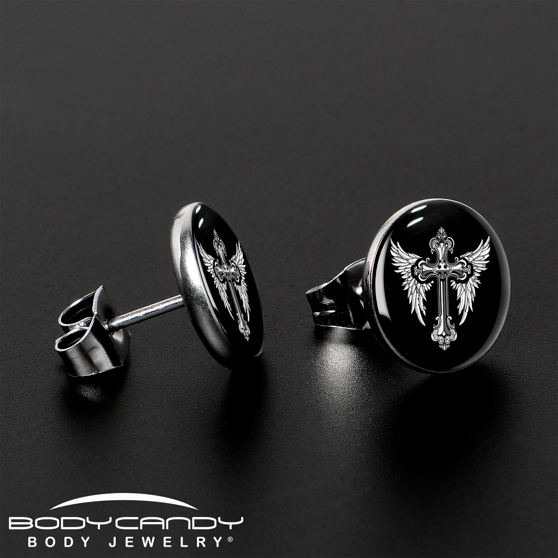 Black White Winged Cross Stud Earrings by Onyx O