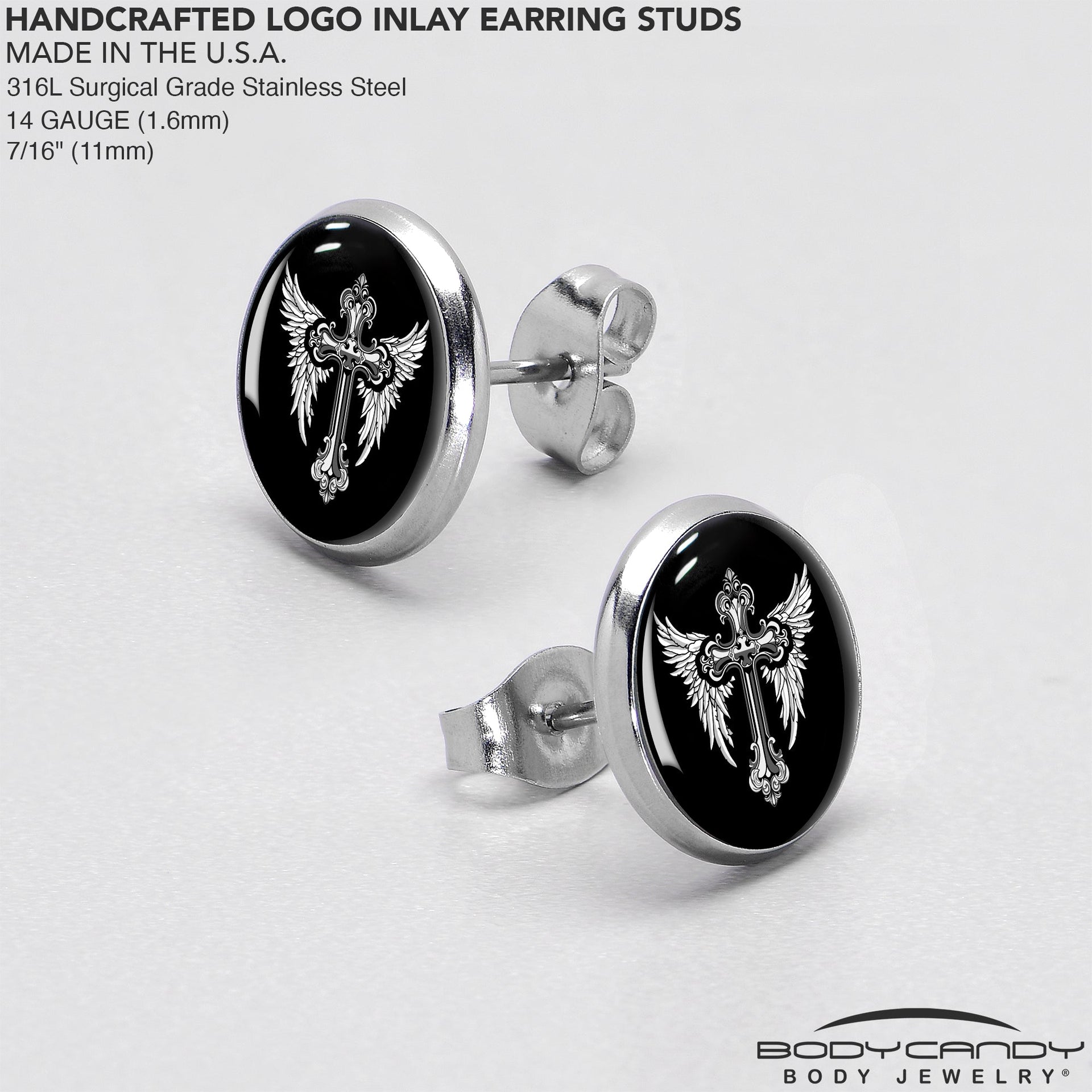 Black White Winged Cross Stud Earrings by Onyx O