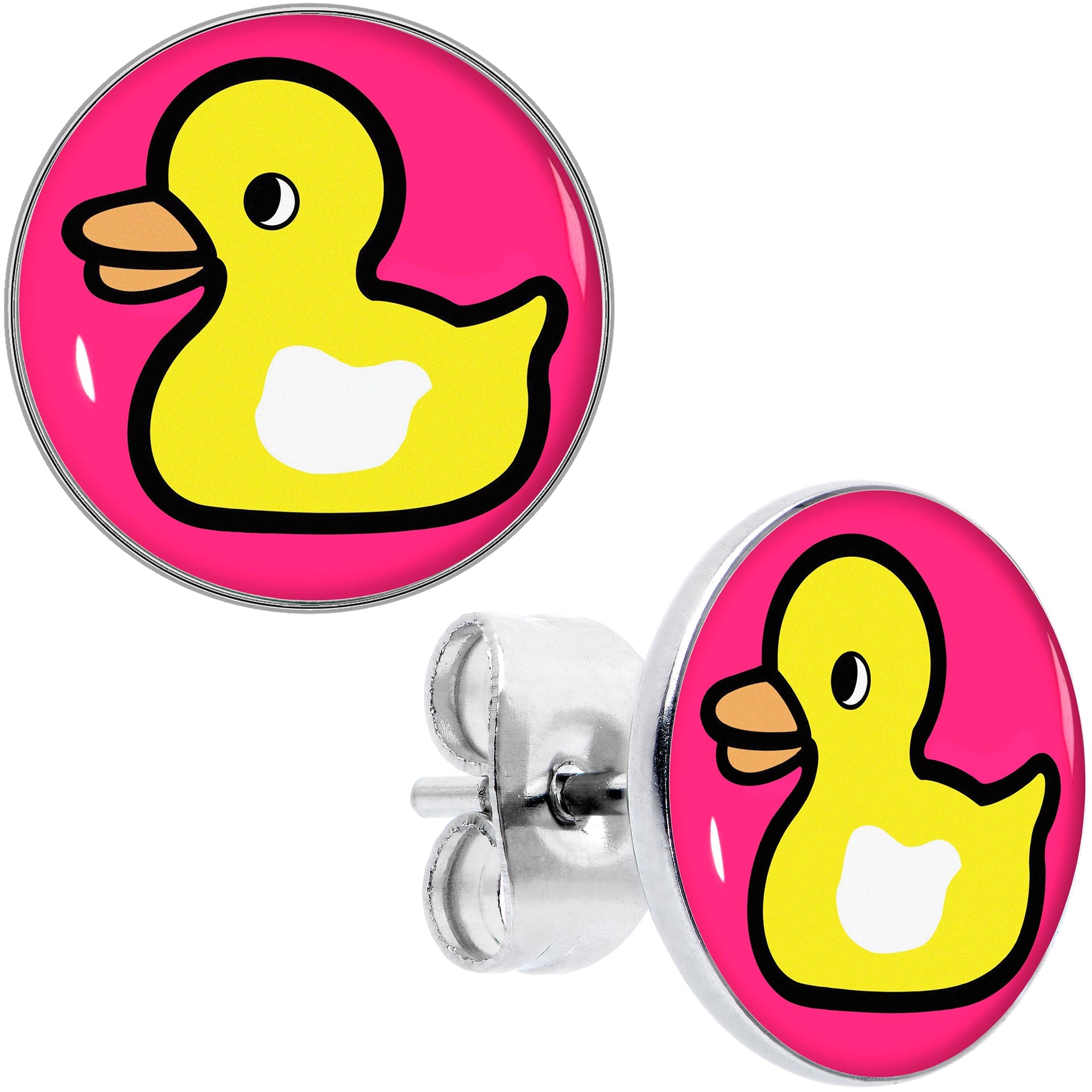 A pair of round stud earrings featuring a yellow duck design against a vibrant pink background with stainless steel posts.