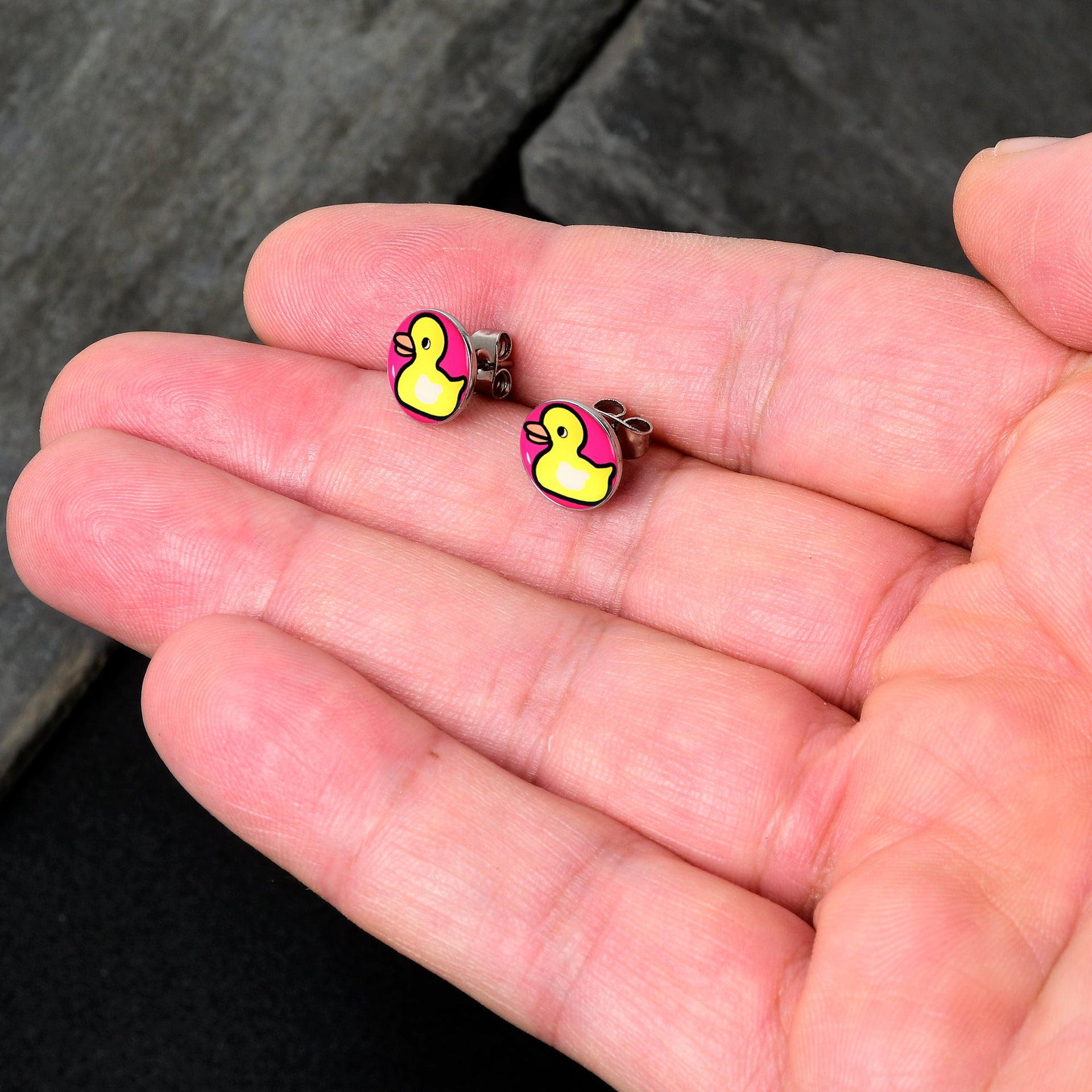 Yellow Ducky Stud Earrings with Pink Background - Image 2