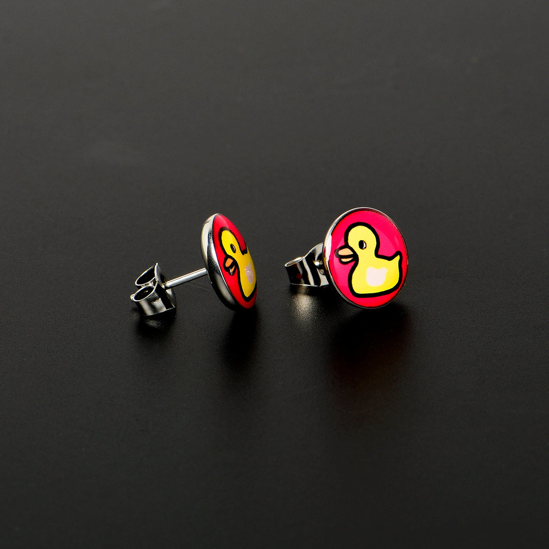 Yellow Ducky Stud Earrings with Pink Background - Image 3