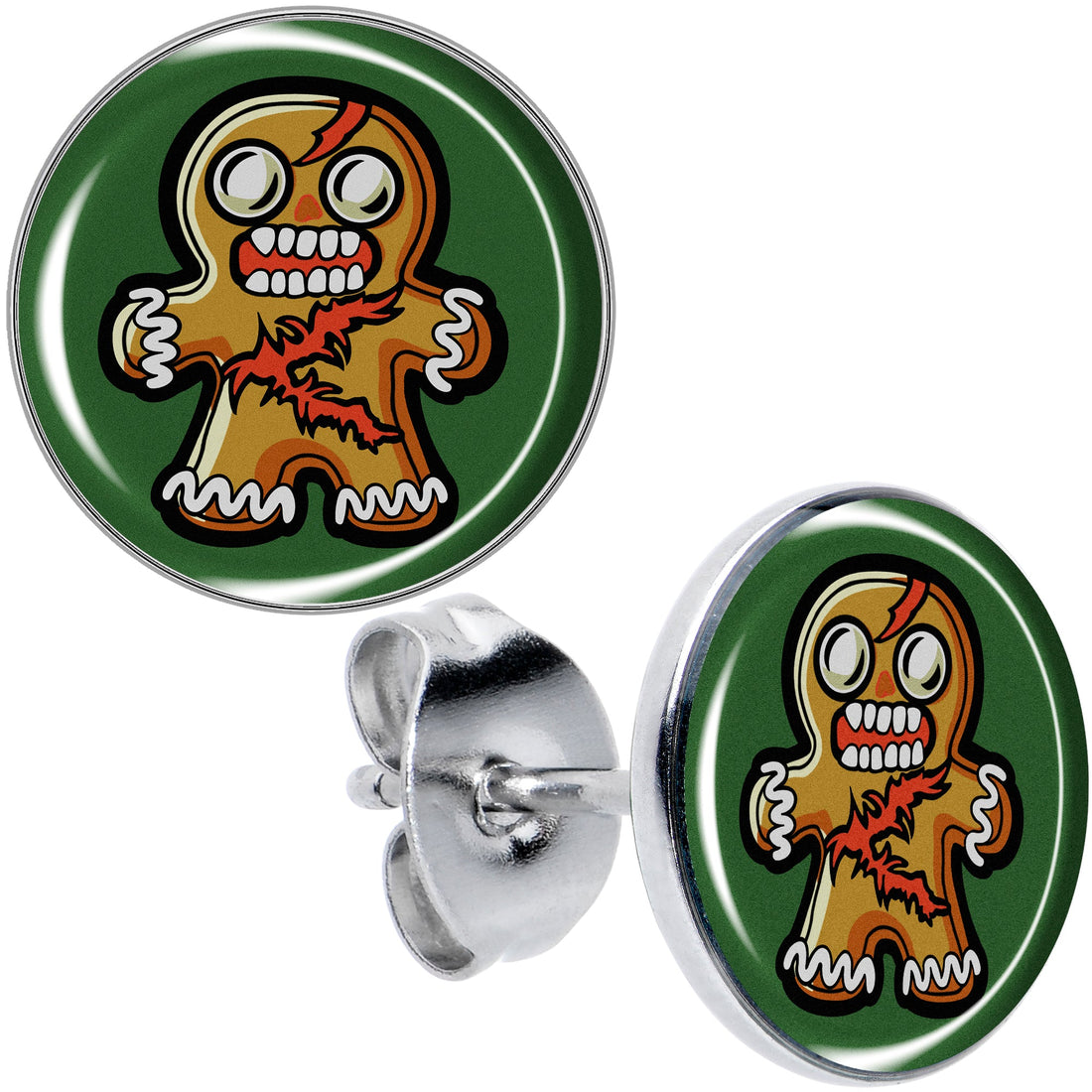 Close-up pair of round stud earrings featuring a cartoon zombie gingerbread man design on a dark green background with silver-tone metal posts.