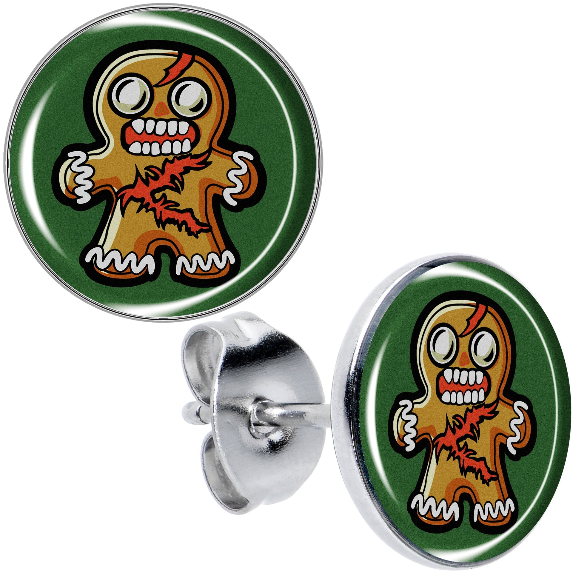 Close-up pair of round stud earrings featuring a cartoon zombie gingerbread man design on a dark green background with silver-tone metal posts.