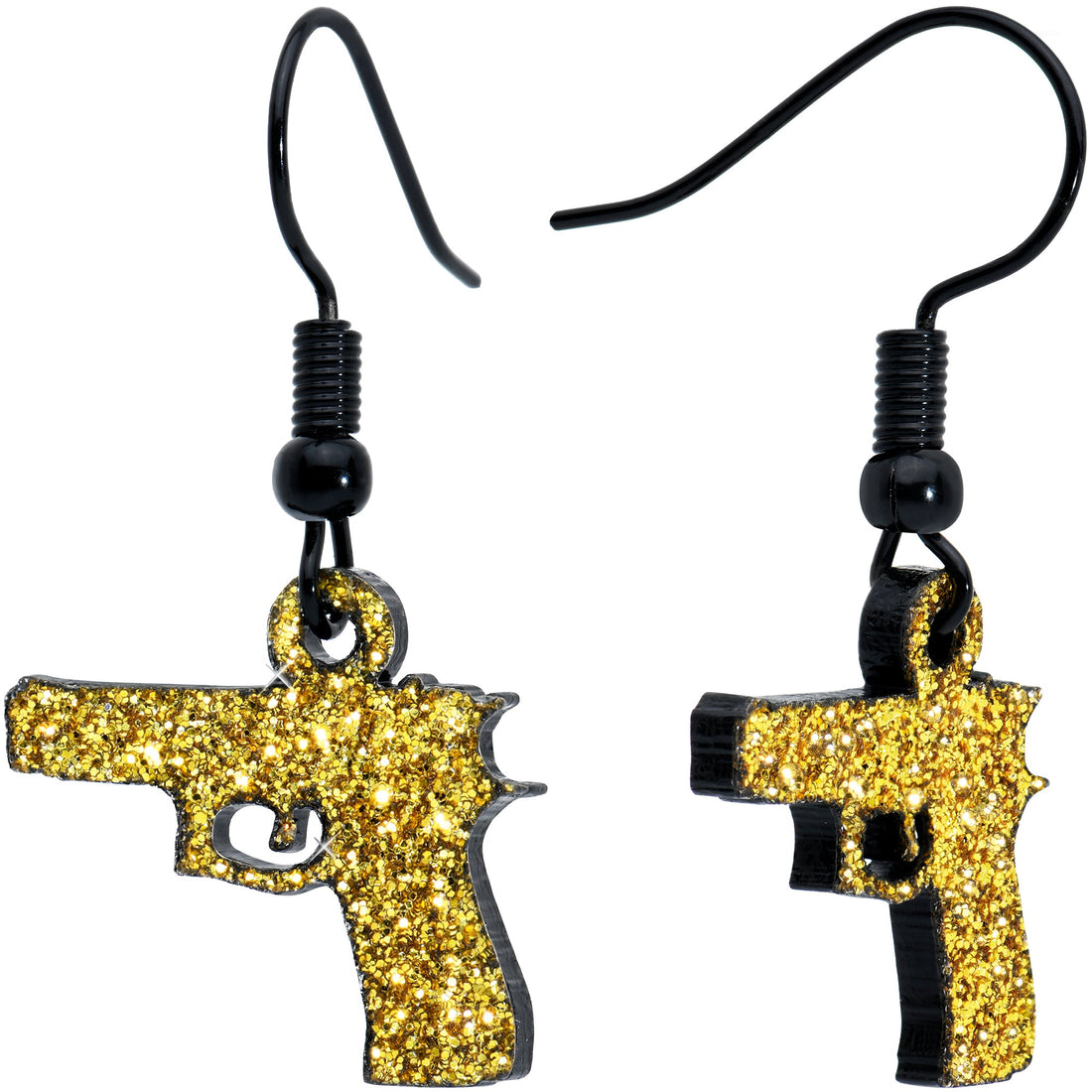 A pair of yellow glitter gun charm earrings hanging from black fishhook wires.