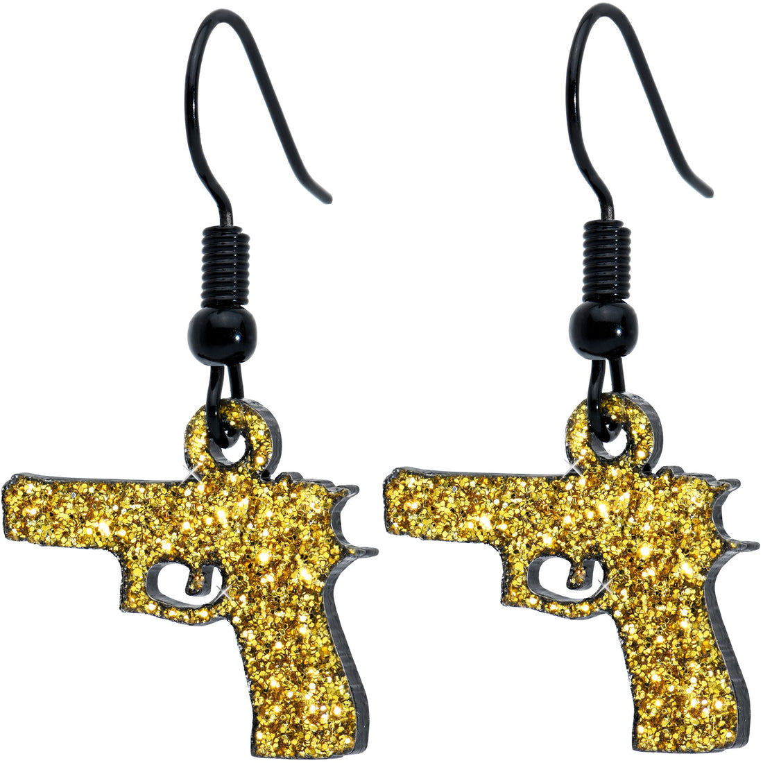 Yellow Glitter Gun Dangle Earrings with Black Fishhook Wires - Image 2